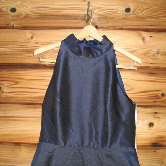 Monique Lhuillier High Neck Evening Gown Dress Navy 12 Pockets - Picture 8 of 13
